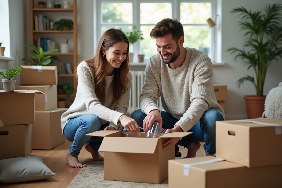 Jeune couple emballant du verre dans un salon lumineux