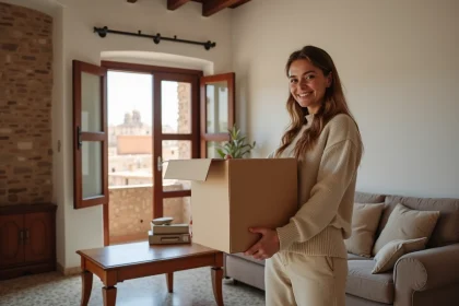 Jeune femme souriante déballant une boîte dans un appartement marocain