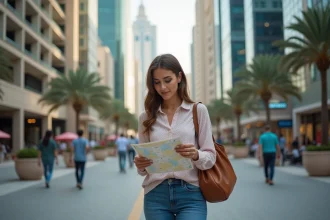 Jeune femme regardant une carte à Dubai Marina