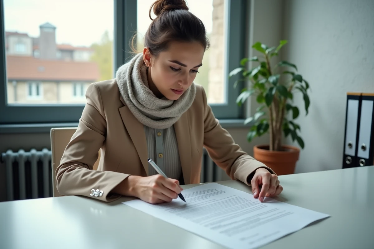 Jeune femme analysant un document dans un bureau moderne à Limoges