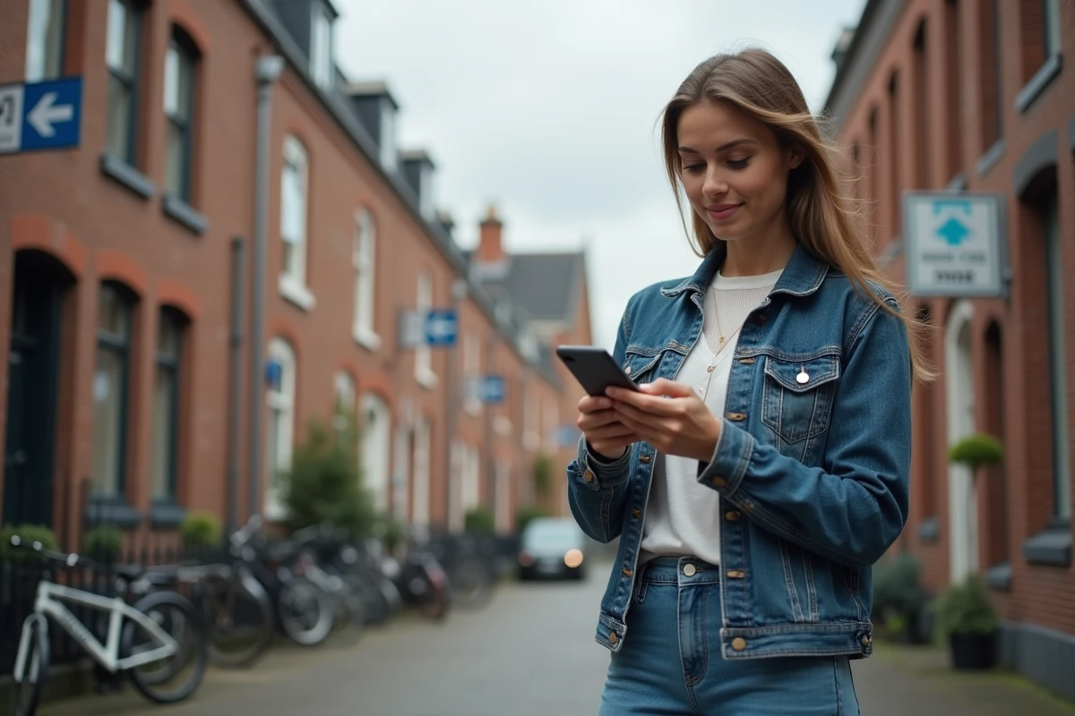 Jeune femme cherchant un logement avec son smartphone dans une rue urbaine