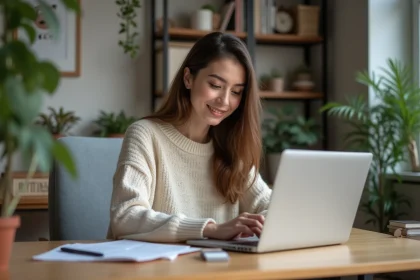Jeune femme travaillant sur un ordinateur dans un bureau moderne