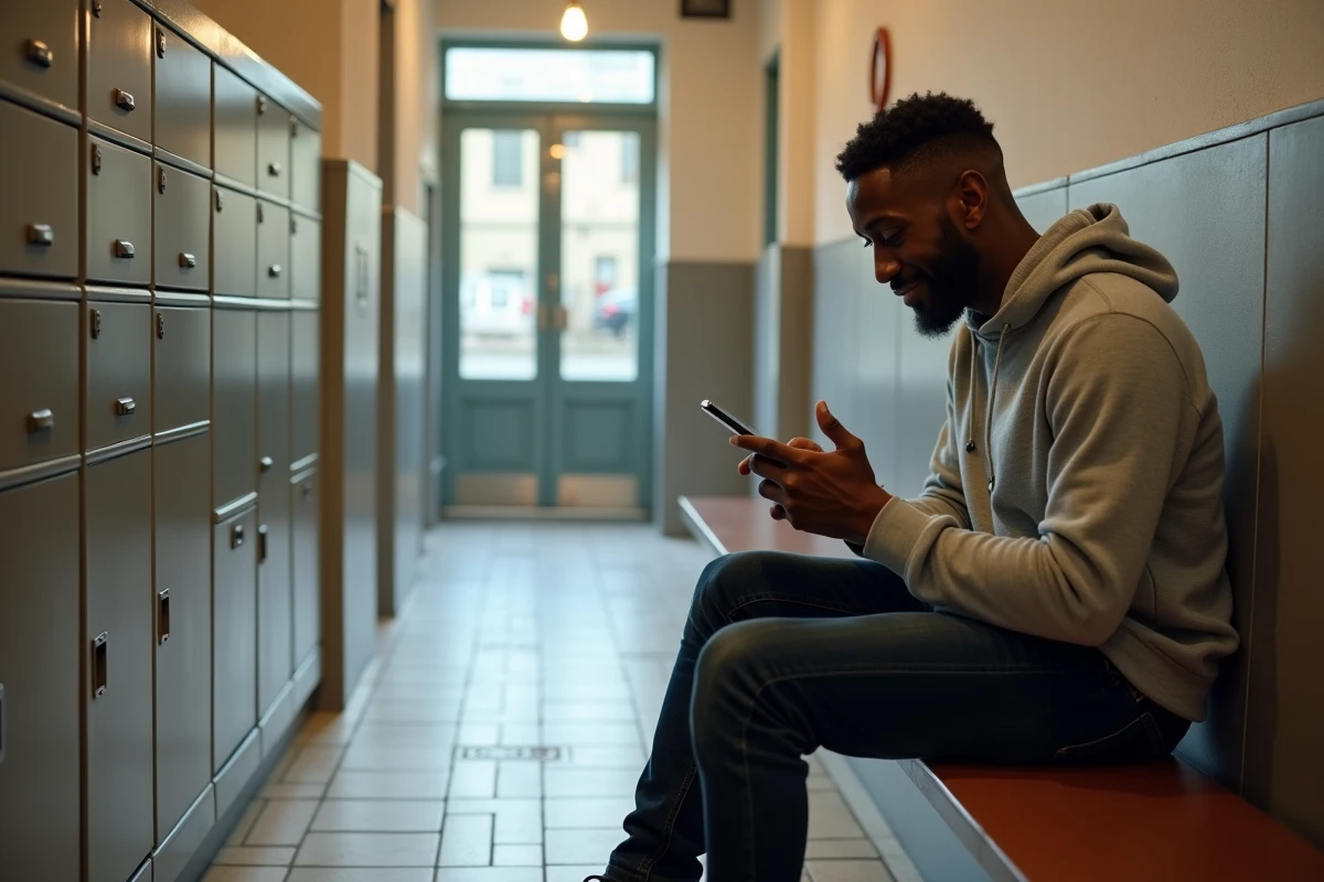 Jeune homme utilisant une application mobile de recherche de logement social dans le hall d'un immeuble parisien