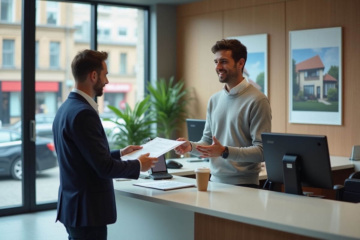 Jeune homme remettant des documents à un agent immobilier
