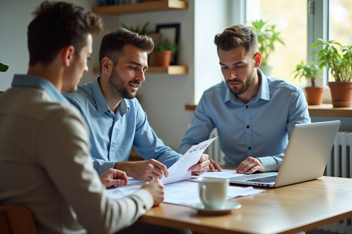 Jeune homme discutant de documents immobiliers