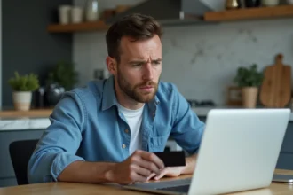 Jeune homme inquiet avec carte bancaire et ordinateur portable