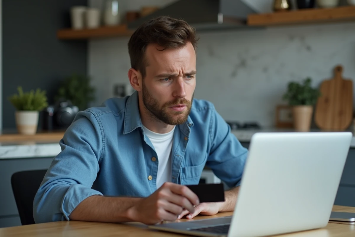 Jeune homme inquiet avec carte bancaire et ordinateur portable