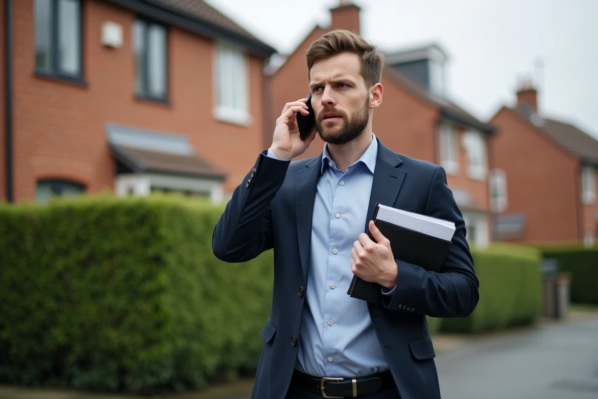Jeune professionnel parlant au téléphone devant sa maison