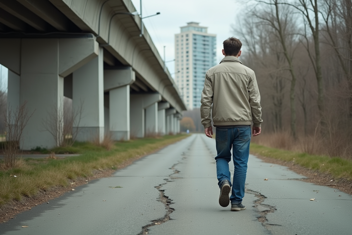 Jeune homme marchant dans une rue urbaine dégradée