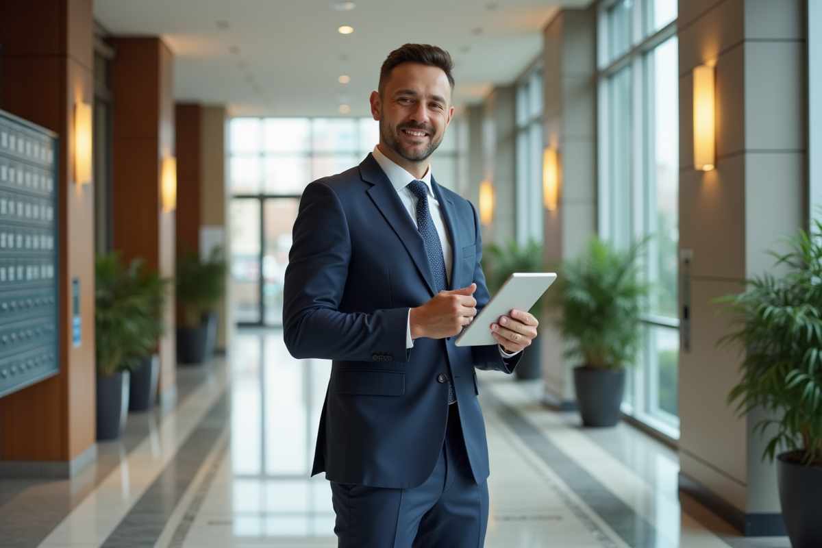 Jeune homme en costume dans le lobby d