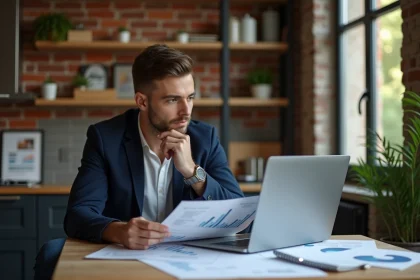 Jeune homme professionnel lisant des documents dans un appartement lyonnais