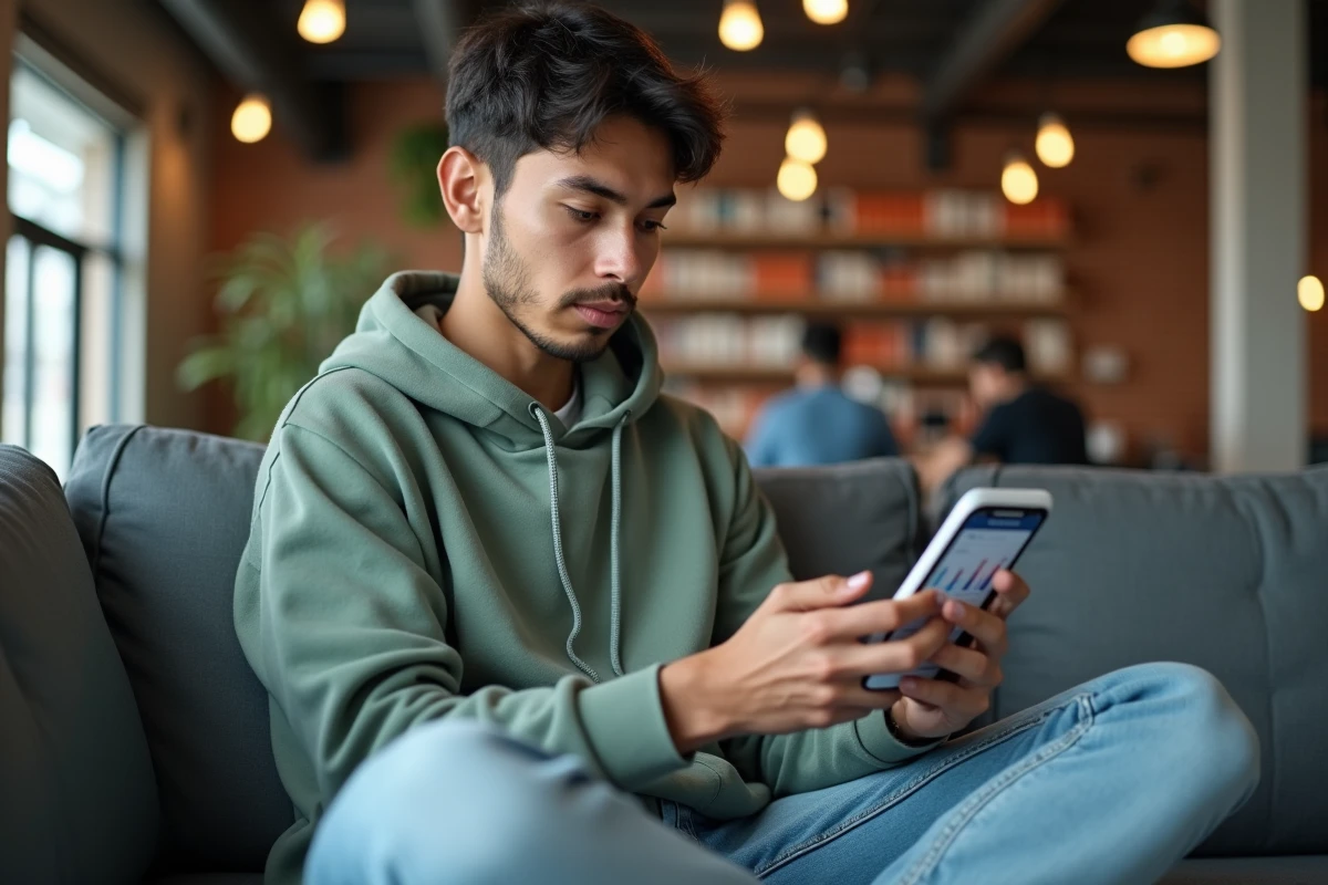 Jeune professionnel consultant un outil de gestion sur smartphone dans un espace de coworking moderne