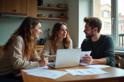 Trois jeunes adultes discutent autour d'une table dans un appartement moderne