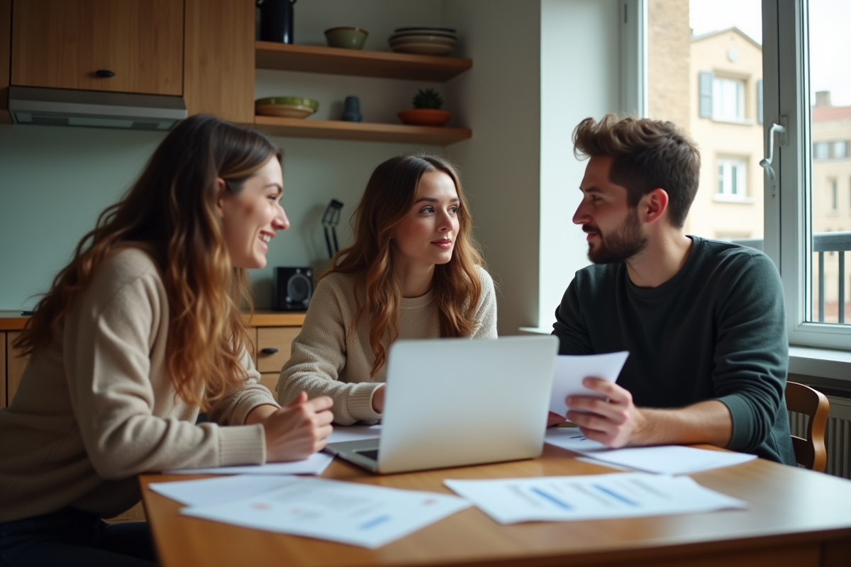 Trois jeunes adultes discutent autour d'une table dans un appartement moderne