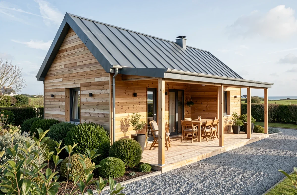 Maison Jubault Constructions en bois de mélèze avec terrasse couverte et toiture zinc dans un jardin breton