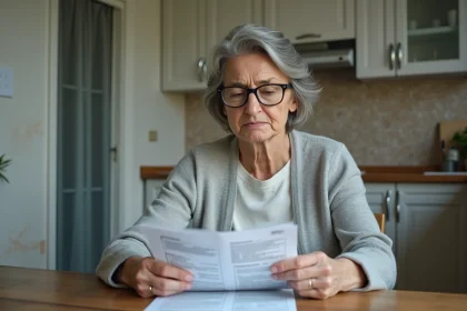 Locataire HLM examinant ses documents de loyer et de surloyer à son domicile, droits et recours 2026
