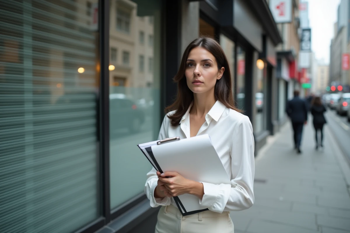 Femme d'affaires tenant une lettre de résiliation devant un local commercial fermé en milieu urbain