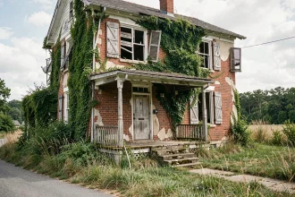 Maison abandonnée en briques avec façade envahie par le lierre et volets brisés, vue depuis la rue dans un cadre rural