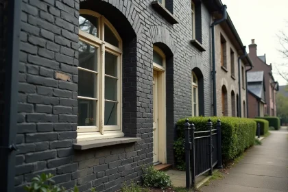 Façade d'une maison ancienne en mâchefer dans le nord de la France avec briques noires caractéristiques et fenêtres en bois