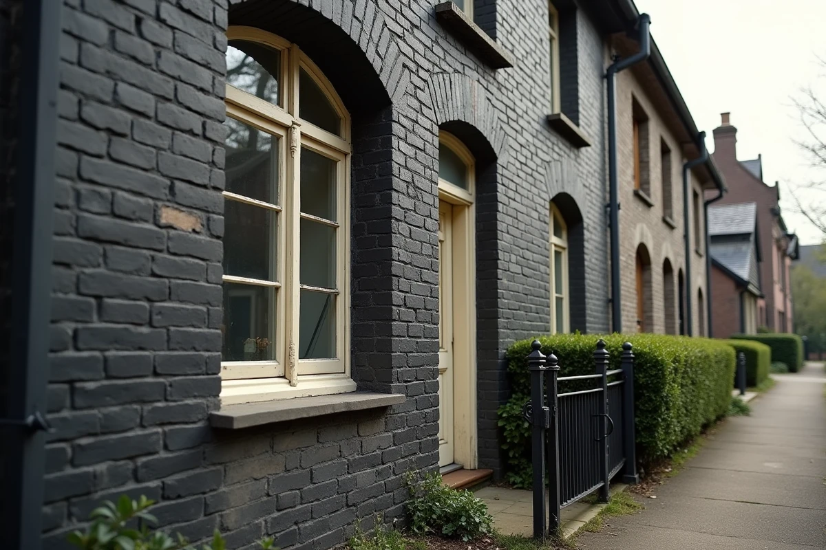 Façade d'une maison ancienne en mâchefer dans le nord de la France avec briques noires caractéristiques et fenêtres en bois