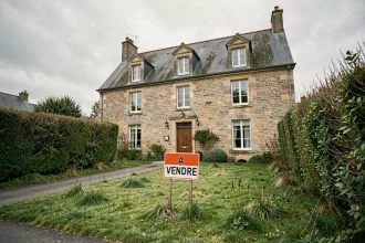 Maison normande en pierre à vendre avec panneau immobilier dans le Calvados, jardin légèrement négligé évoquant une vente urgente pour divorce