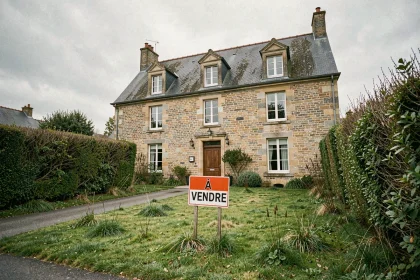 Maison normande en pierre à vendre avec panneau immobilier dans le Calvados, jardin légèrement négligé évoquant une vente urgente pour divorce