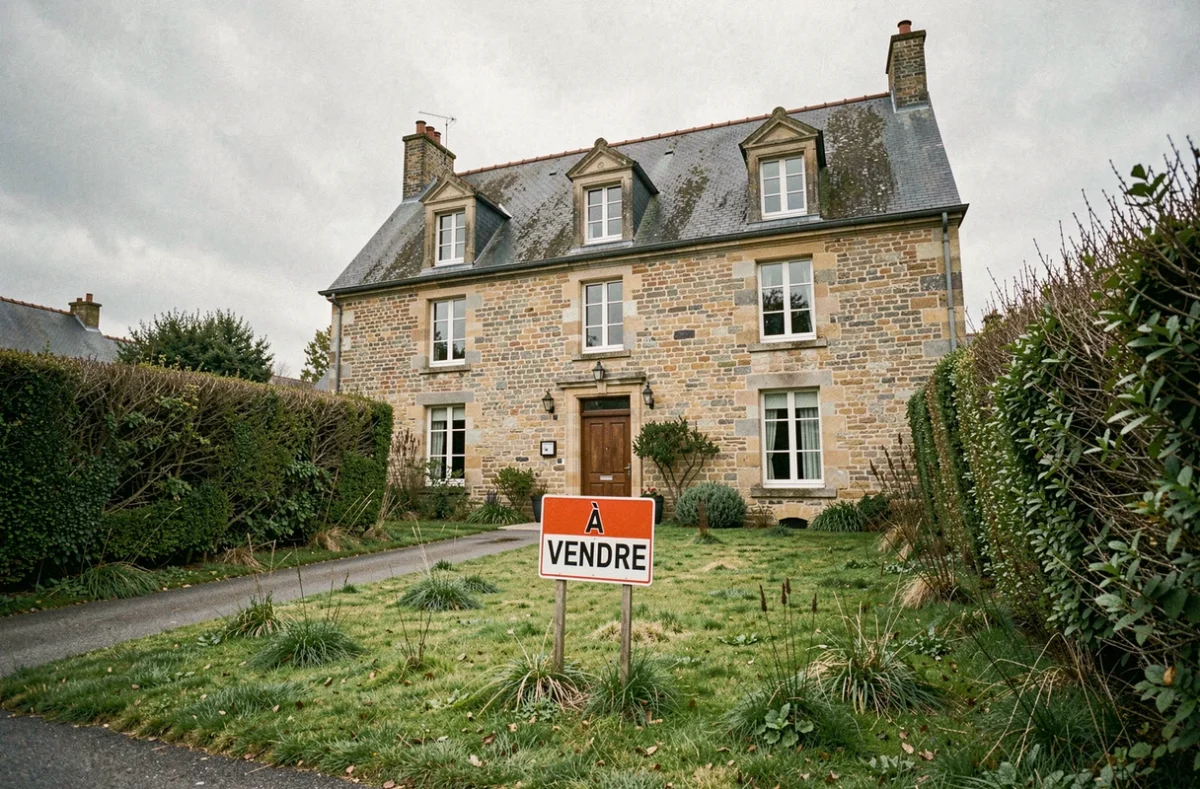 Maison normande en pierre à vendre avec panneau immobilier dans le Calvados, jardin légèrement négligé évoquant une vente urgente pour divorce