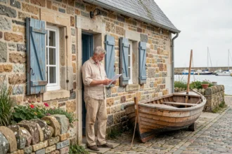 Homme consultant des documents devant une petite maison de pêcheur en pierre à vendre dans un village côtier breton