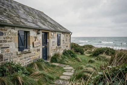 Maison de pêcheur en pierre de granit à vendre en Bretagne avec vue mer et volets bleus délavés