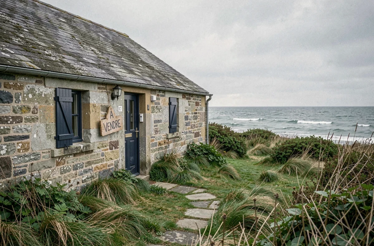 Maison de pêcheur en pierre de granit à vendre en Bretagne avec vue mer et volets bleus délavés