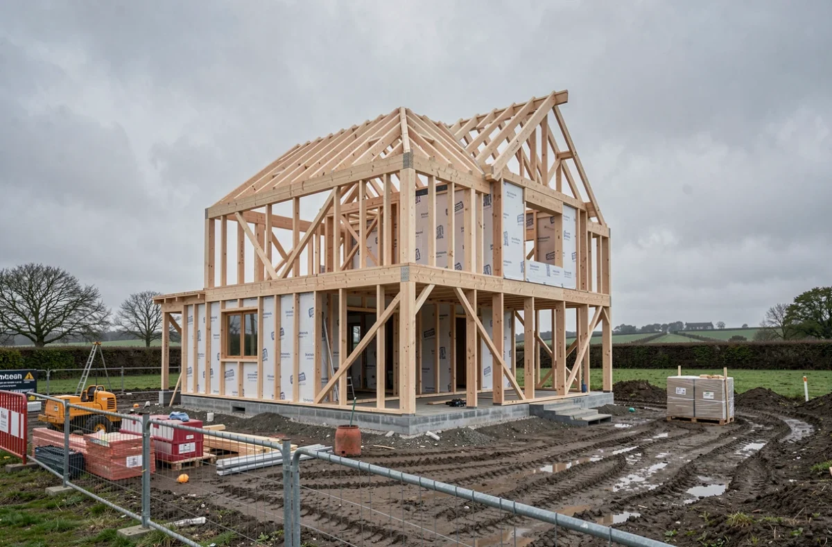 Ossature bois d'une maison Arteco en cours de montage sur un chantier breton sous ciel gris atlantique