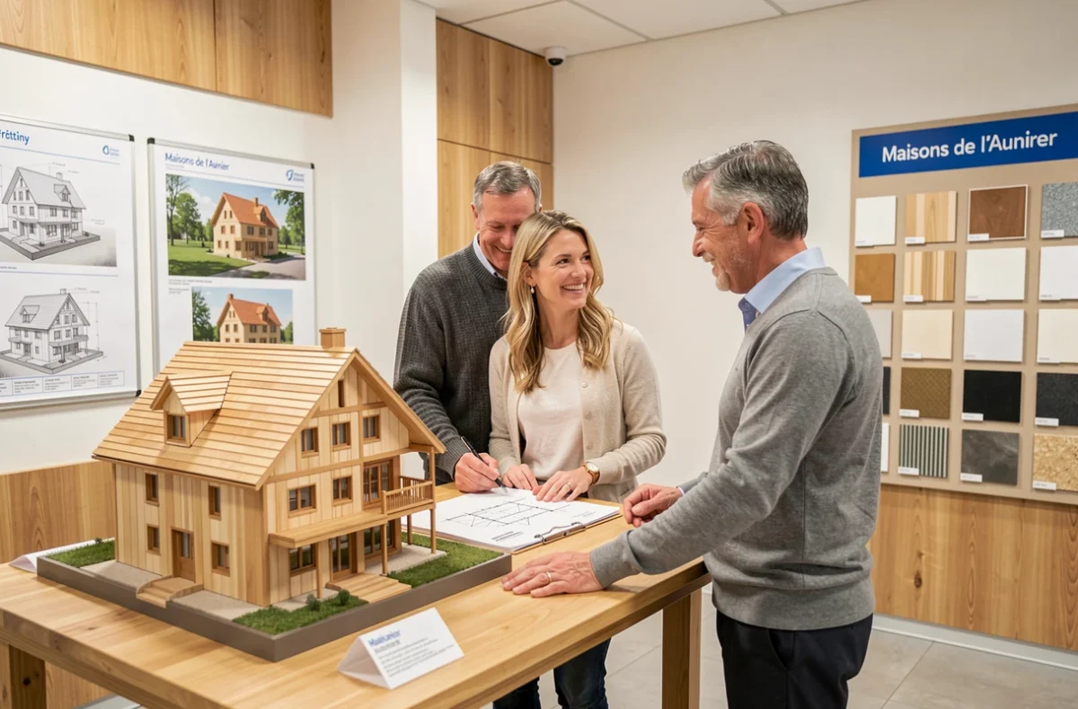 Couple breton discutant d'un projet de maison en bois avec un conseiller Maisons de l'Avenir dans un showroom
