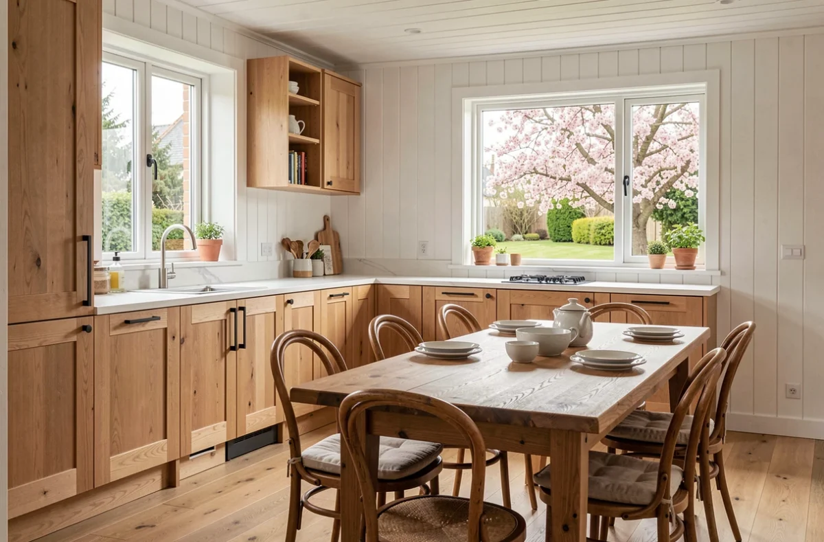 Cuisine et salle à manger d'une maison Be Home en bois blanc avec parquet chêne et vue sur jardin breton fleuri