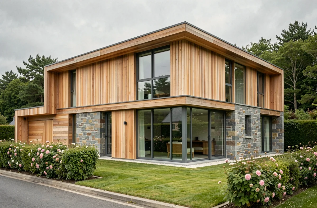 Maison Trécobat en bois et pierre avec grandes baies vitrées dans un jardin breton soigné