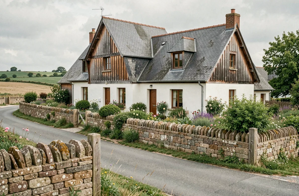 Maison Ty Breiz en bois de style traditionnel breton avec toit ardoise et jardin fleuri en campagne bretonne