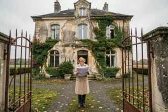 Femme devant un manoir abandonné à vendre à prix symbolique en France rurale, façade en pierre dégradée et portail rouillé