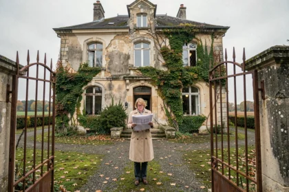 Femme devant un manoir abandonné à vendre à prix symbolique en France rurale, façade en pierre dégradée et portail rouillé