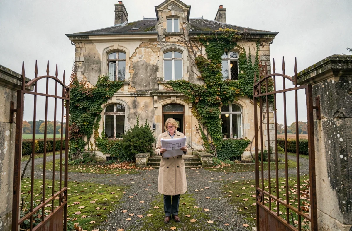 Femme devant un manoir abandonné à vendre à prix symbolique en France rurale, façade en pierre dégradée et portail rouillé