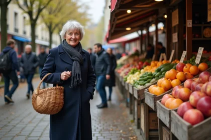 Femme en manteau marin et panier au marché de Nogent
