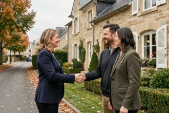 Agent immobilier professionnel serrant la main d'un couple devant une maison typique du Val-d'Oise