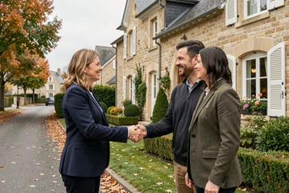 Agent immobilier professionnel serrant la main d'un couple devant une maison typique du Val-d'Oise