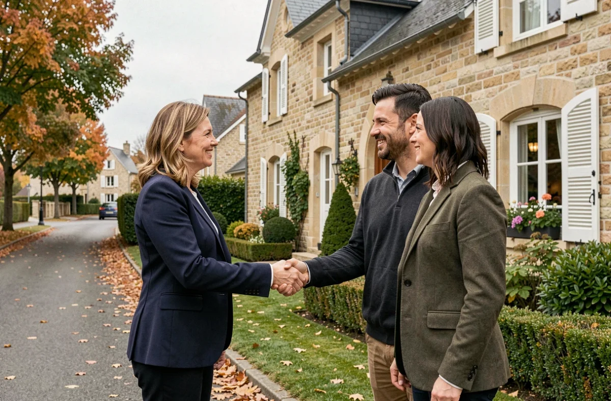 Agent immobilier professionnel serrant la main d'un couple devant une maison typique du Val-d'Oise