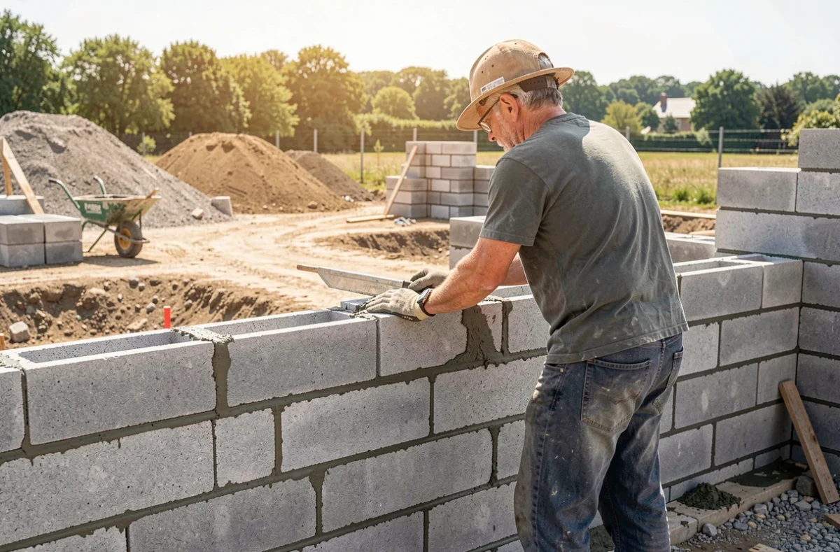 Mur en blocs béton en cours de montage sur un chantier