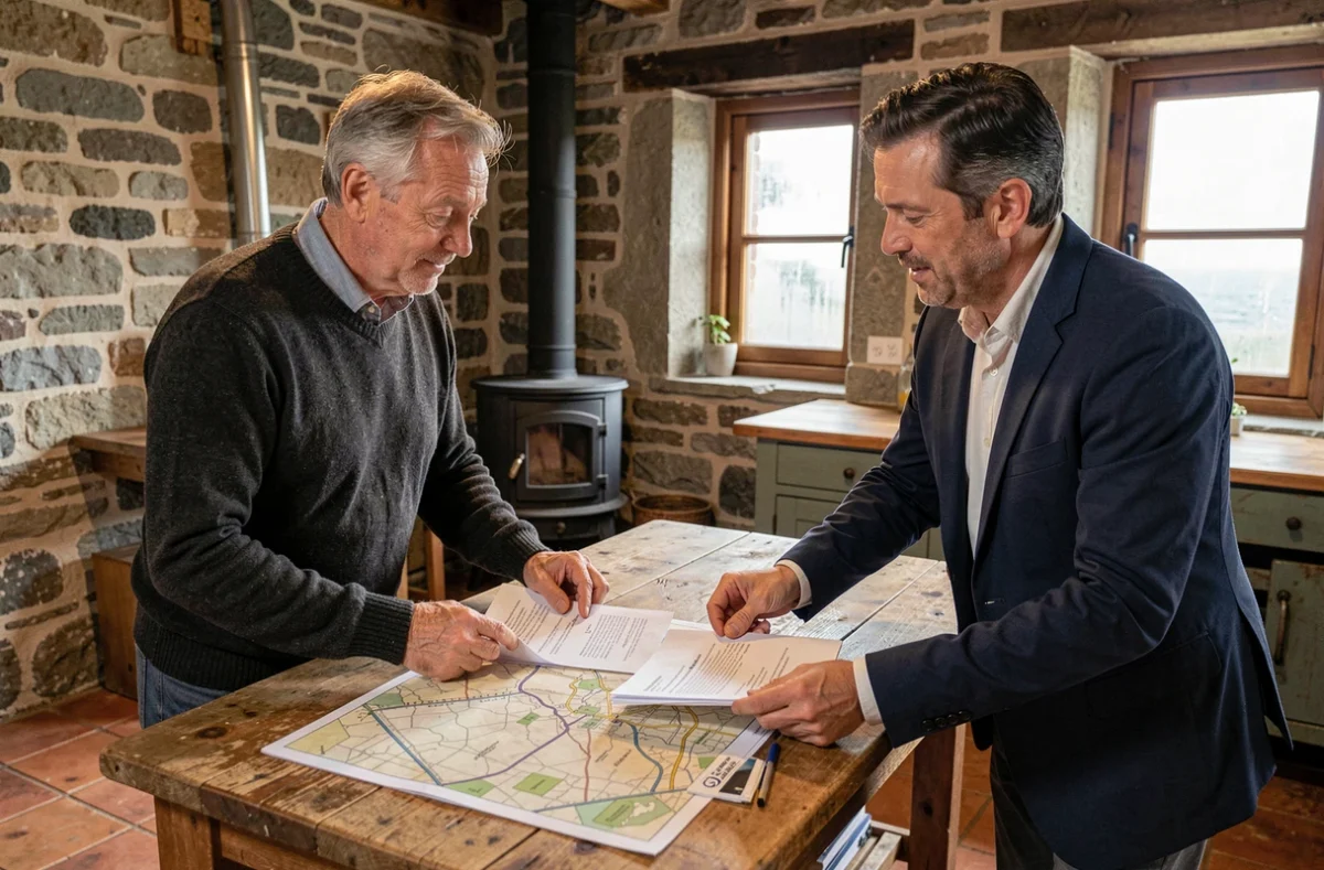 Négociation entre vendeur local breton et agent immobilier autour d'une table dans une maison de pêcheur
