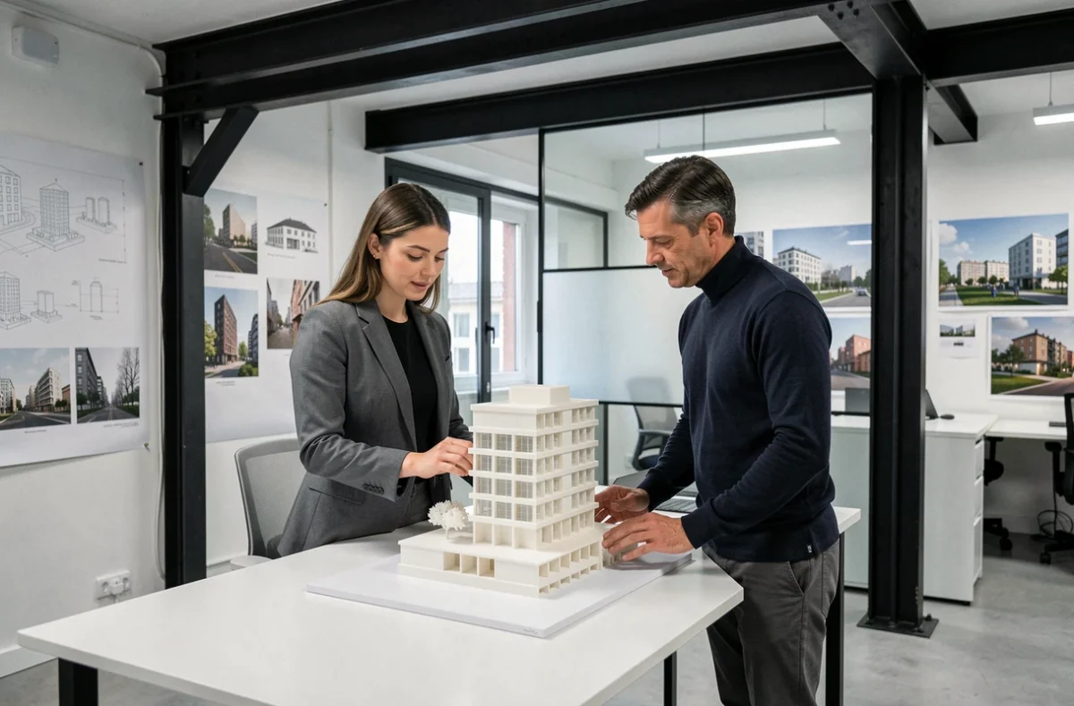 Architectes de NOESIS étudiant une maquette 3D dans leur bureau de conception ouvert à Lyon