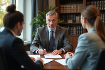 Notaire expliquant des documents à un jeune couple dans un bureau moderne