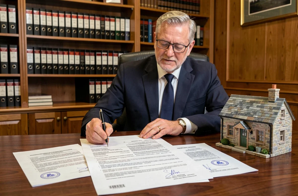 Notaire expliquant les frais annexes d'un achat immobilier d'une maison de pêcheur avec contrat signé sur bureau en bois