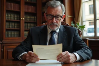 Notaire français en costume examinant un document officiel à Limoges