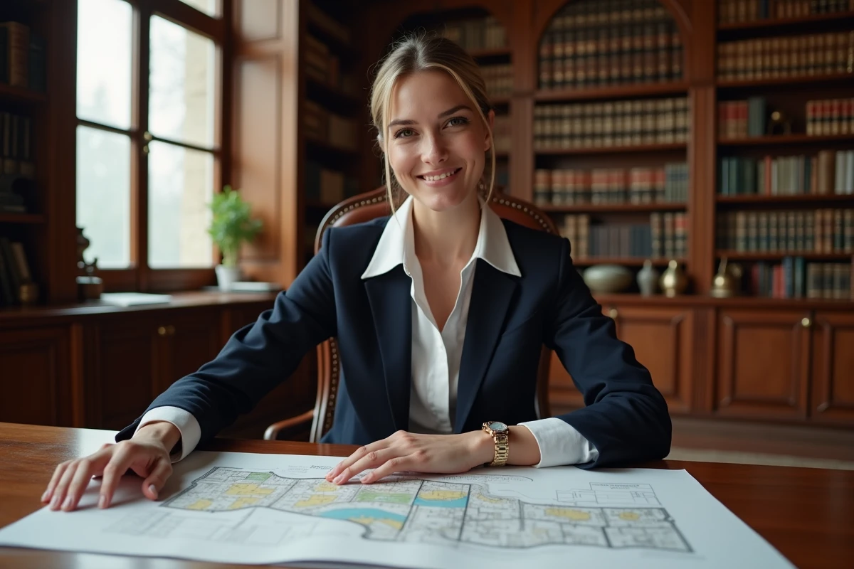 Notaire expliquant un plan cadastral de servitude de passage dans un bureau notarial traditionnel français