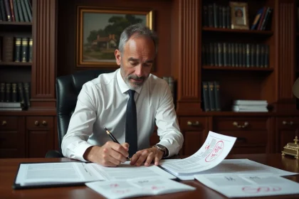 Notaire examinant des documents de simulation de frais d'achat immobilier pour un parking